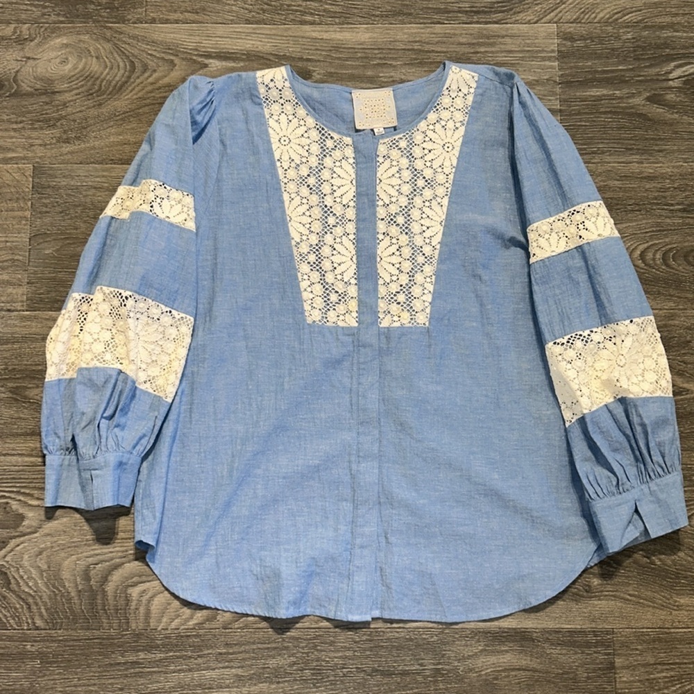 Johnny Was Thalassa Chambray Lace Blouse Medium Cottagecore Boho Anthropologie - Picture 2 of 15